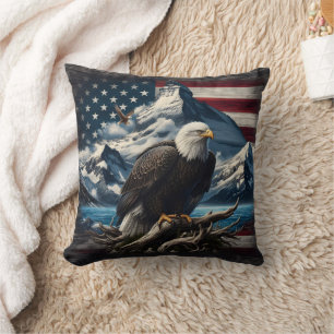 Majestic Eagle Over Mountains and American Flag Throw Pillow