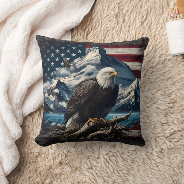 Majestic Eagle Over Mountains and American Flag Throw Pillow (Blanket)
