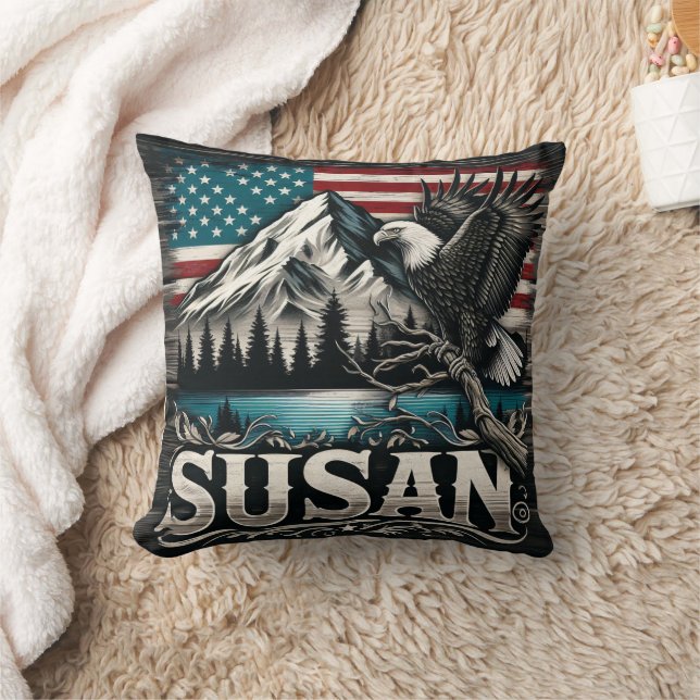 Majestic Eagle Over Mountains and American Flag Throw Pillow (Blanket)