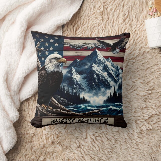 Majestic Eagle Over Mountains and Waves Throw Pillow (Blanket)