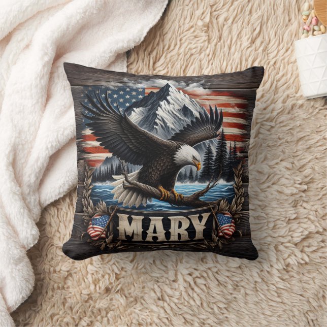 Majestic Eagle Over Water With Mountain Background Throw Pillow (Blanket)