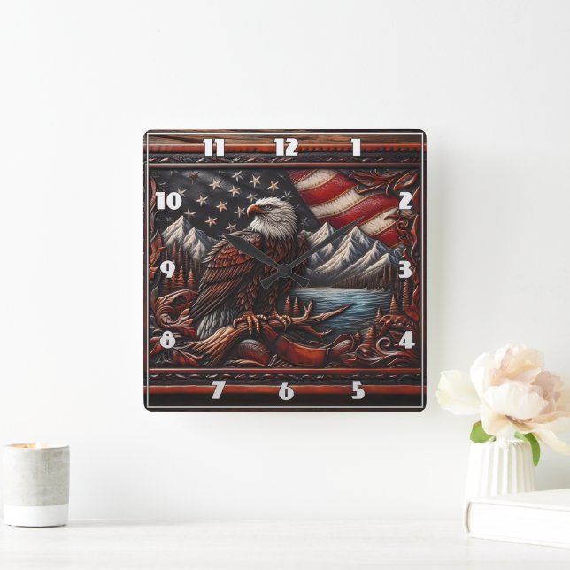 Majestic Eagle Overlooking Mountains and Flag Square Wall Clock (Home)