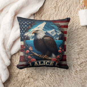 Majestic Eagle Overlooking Mountains and Flag Throw Pillow