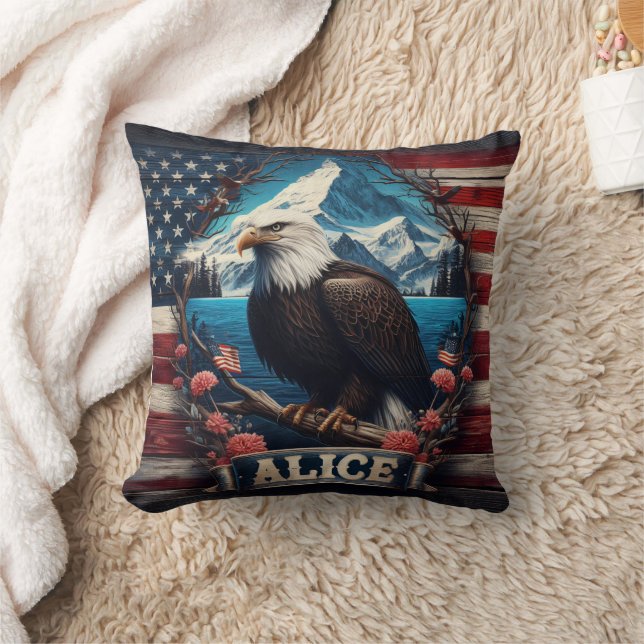 Majestic Eagle Overlooking Mountains and Flag Throw Pillow (Blanket)
