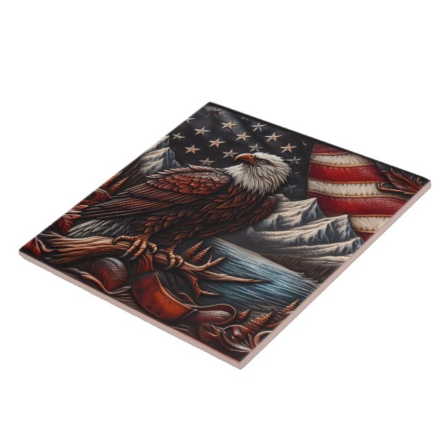 Majestic Eagle Overlooking Mountains and Flag Tile (Side)