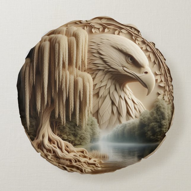 Majestic Eagle Overlooking Serene Lake  Round Pillow (Back)