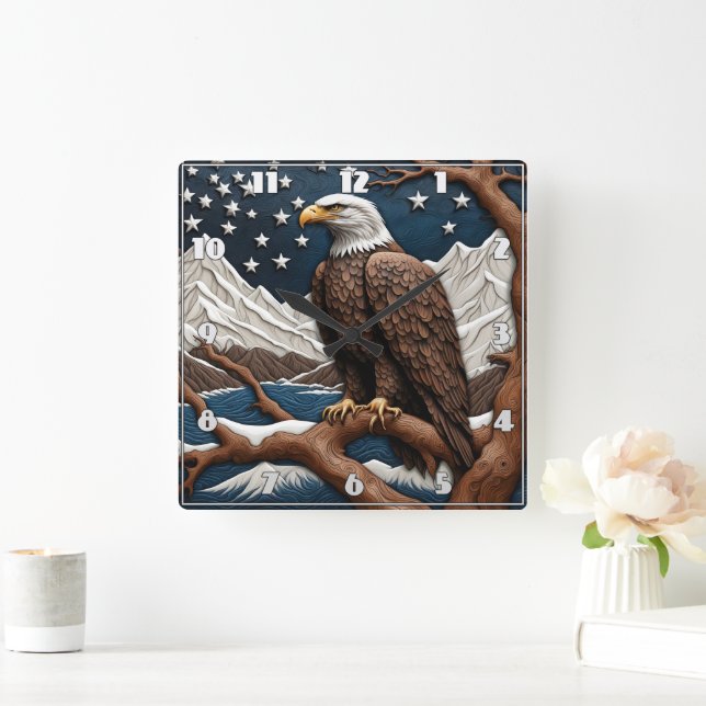 Majestic Eagle Overlooking Serene Mountains Square Wall Clock (Home)