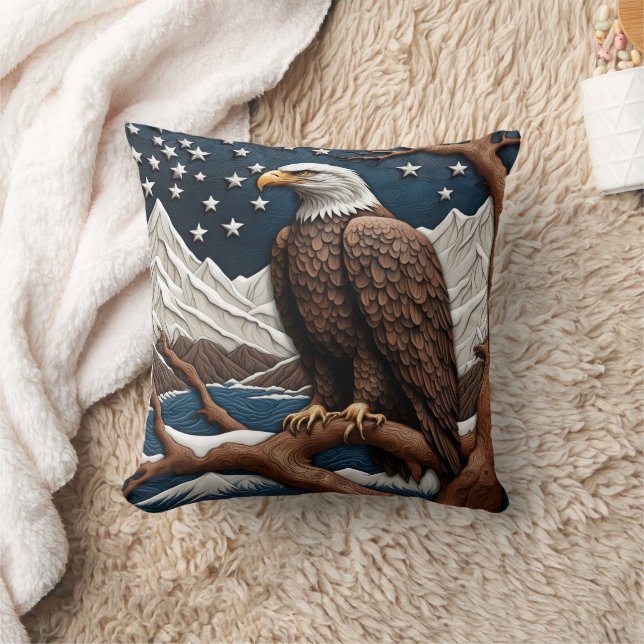 Majestic Eagle Overlooking Serene Mountains Throw Pillow (Blanket)