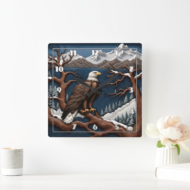 Majestic Eagle Overlooking Snowy Mountain scape Square Wall Clock (Home)