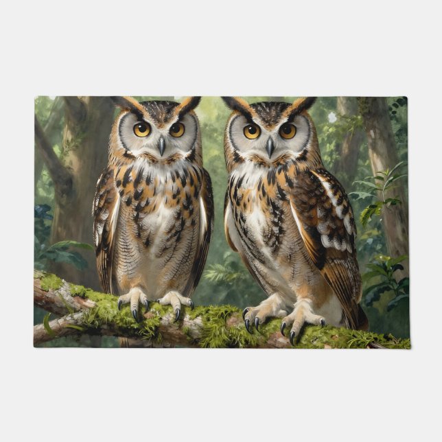 Majestic Eagle Owls Forest Perch Doormat (Front)