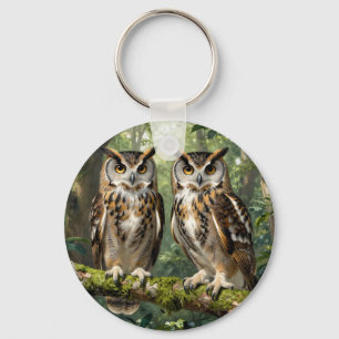 Majestic Eagle Owls Forest Perch Keychain