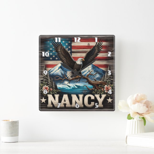 Majestic Eagle Perched Amidst Mountains and Flag Square Wall Clock (Home)