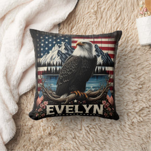 Majestic Eagle Perched Before American Landscape Throw Pillow