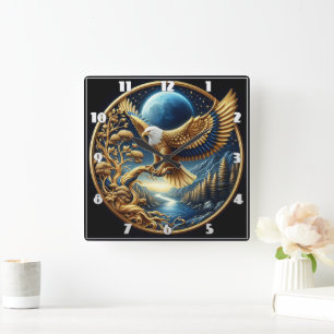 Majestic Eagle Perched by a Serene River Square Wall Clock