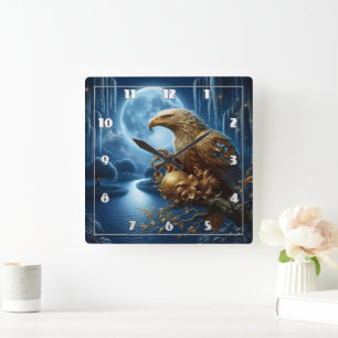 Majestic Eagle Perched by Moonlit River Square Wall Clock