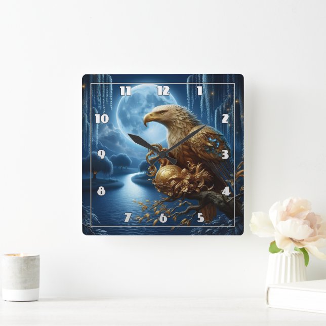 Majestic Eagle Perched by Moonlit River Square Wall Clock (Home)
