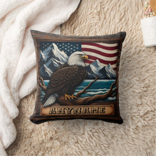 Majestic Eagle Perched By Mountains And Flag Throw Pillow