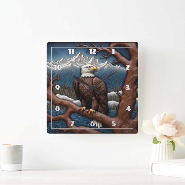 Majestic Eagle Perched by Serene Mountain Lake Square Wall Clock (Home)