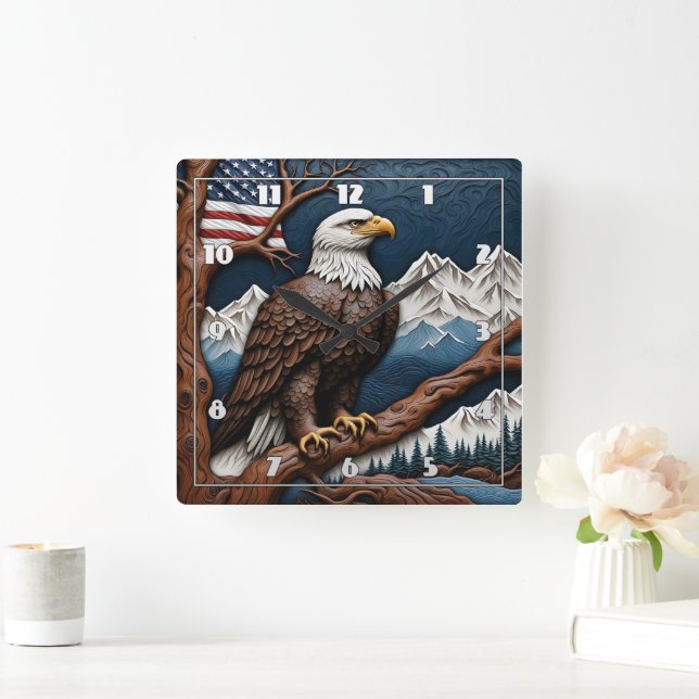 Majestic Eagle Perched on a Branch in Mountains Square Wall Clock (Home)