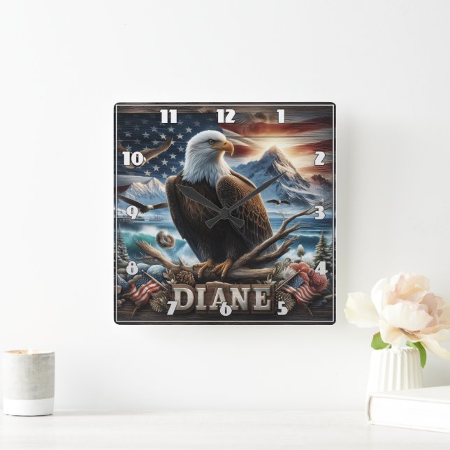 Majestic Eagle Perched on a Branch With Flag Square Wall Clock (Home)