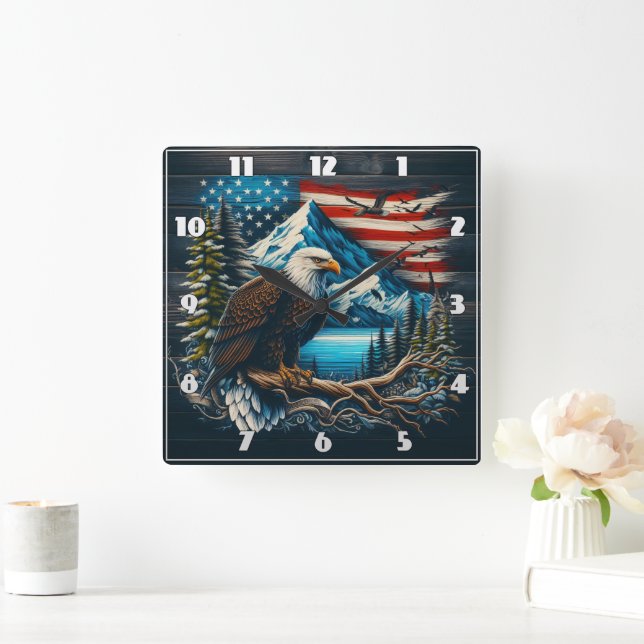 Majestic Eagle Perched With Mountains and Flag Square Wall Clock (Home)