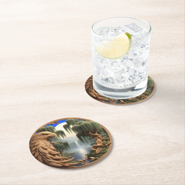 Majestic Eagle Soaring by Waterfall Round Paper Coaster (Insitu)
