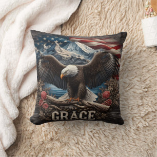 Majestic Eagle With American Flag Background Throw Pillow