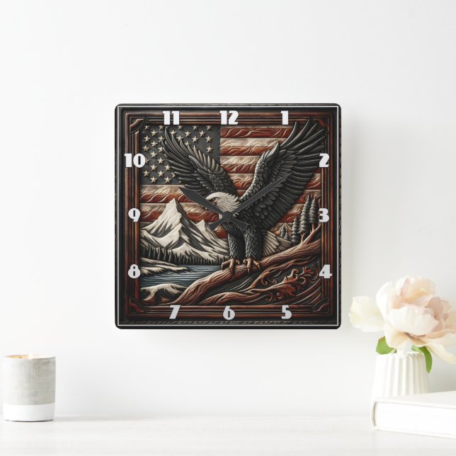 Majestic Eagle With Mountains and American Flag Square Wall Clock (Home)