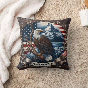 Majestic Eagle With Mountains and American Flag Throw Pillow