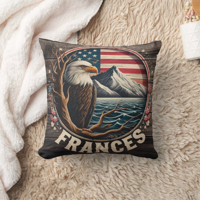 Majestic Eagle With Mountains and Flag Background Throw Pillow (Blanket)