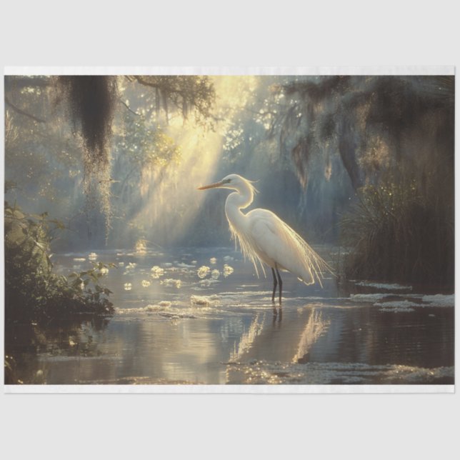 Majestic Egret Standing in a Serene Sunlit Swamp Tissue Paper (Front)
