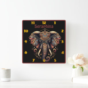 Majestic elephant adorned with intricate patterns square wall clock
