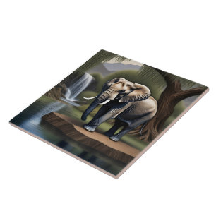 Majestic Elephant at Tranquil Waterfall Oasis Tile