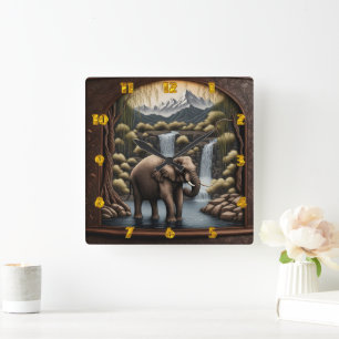 Majestic Elephant by Cascading Waterfalls at Dusk Square Wall Clock