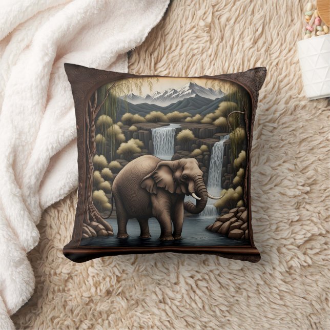 Majestic Elephant by Cascading Waterfalls at Dusk Throw Pillow (Blanket)