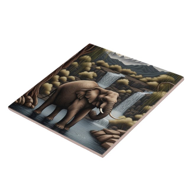 Majestic Elephant by Cascading Waterfalls at Dusk Tile (Side)