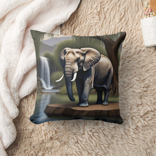 Majestic Elephant by Serene Waterfall at Dawn Throw Pillow (Blanket)