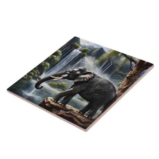 Majestic Elephant by Serene Waterfall at Dawn Tile (Side)