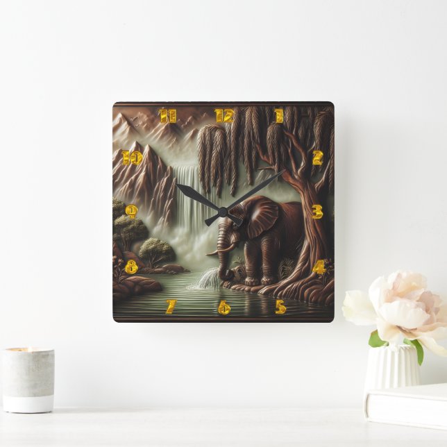 Majestic Elephant by Serene Waterfall at Dusk Square Wall Clock (Home)