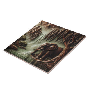 Majestic Elephant by Serene Waterfall at Dusk Tile