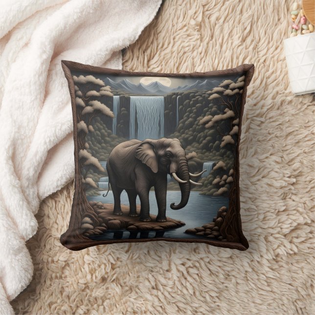 Majestic Elephant by Serene Waterfalls at Night Throw Pillow (Blanket)