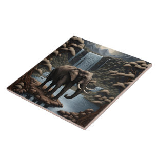 Majestic Elephant by Serene Waterfalls at Night Tile
