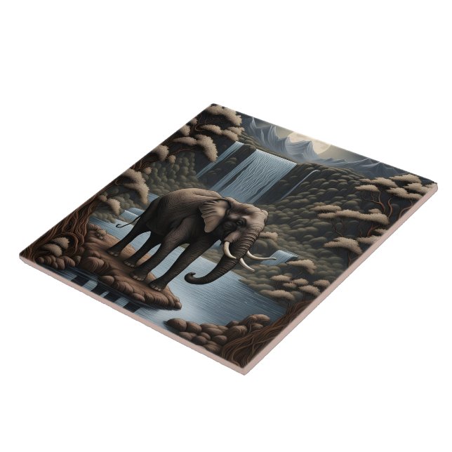 Majestic Elephant by Serene Waterfalls at Night Tile (Side)