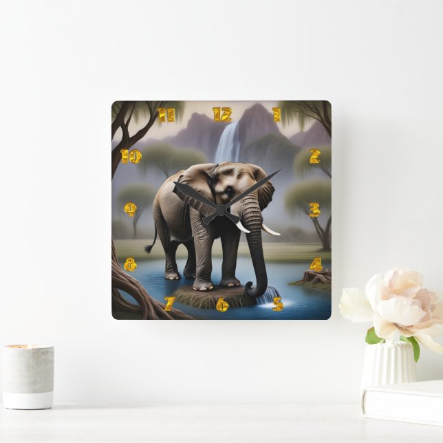 Majestic Elephant by Tranquil Waterfall at Dusk Square Wall Clock (Home)