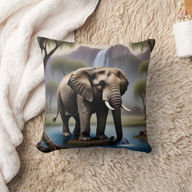 Majestic Elephant by Tranquil Waterfall at Dusk Throw Pillow (Blanket)
