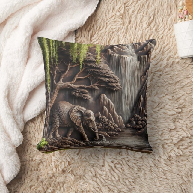 Majestic Elephant by Tranquil Waterfall Scene Throw Pillow (Blanket)