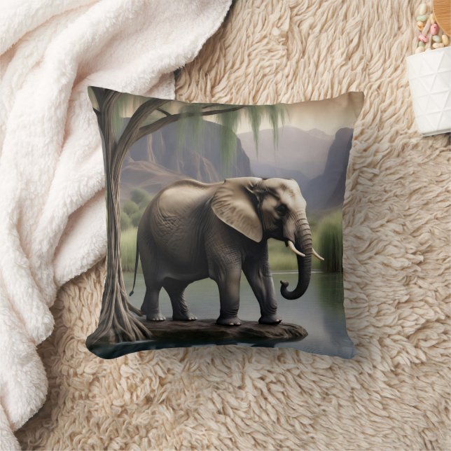 Majestic Elephant by Tranquil Waters at Dusk Throw Pillow (Blanket)