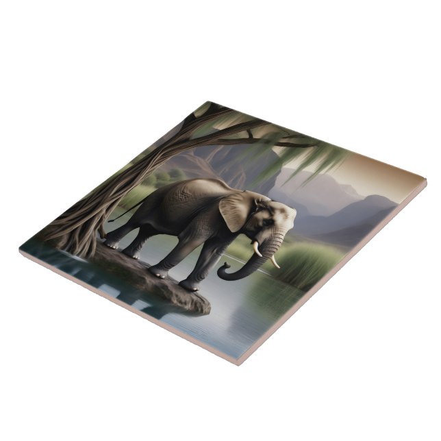 Majestic Elephant by Tranquil Waters at Dusk Tile (Side)
