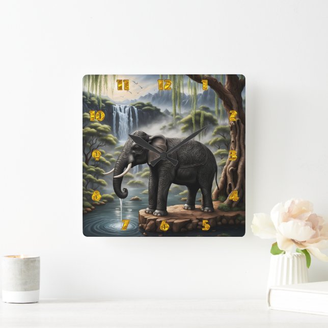 Majestic Elephant Drinking at Serene Waterfall Square Wall Clock (Home)