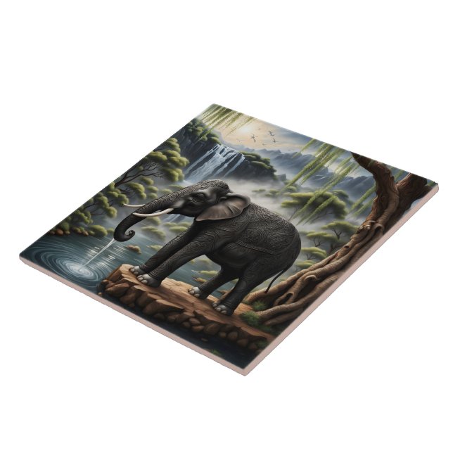 Majestic Elephant Drinking at Serene Waterfall Tile (Side)